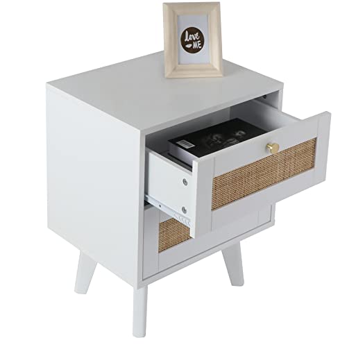 Giluta Rattan Nightstand with 2 Drawers, Solid Wood Bedside Table, Boho Night Stand, Easy Assembly Mid-Century Side Table for Living Room, Bedroom (White/Gold) - Image 2