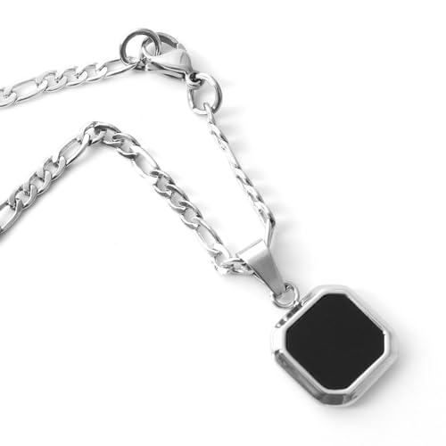 Collier avec pendentif onyx noir, pendentif en pierre, collier en pierre pour homme, chaîne en acier inoxydable, bijoux pour hommes, collier en argent pour homme, 50,8...