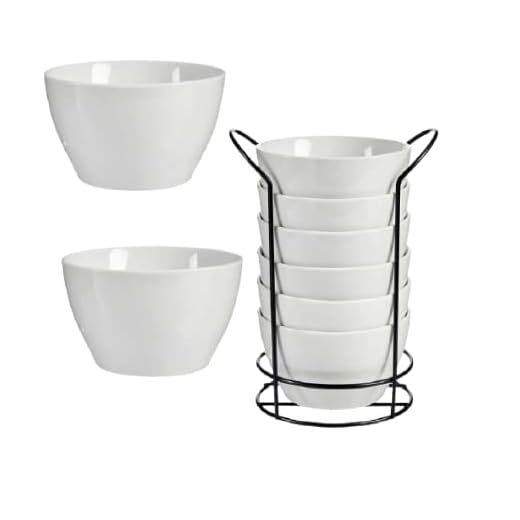 Set de 6 Bol redondo blanco con estante negro 700ml, bol de cerámica blanco- cuencos para cereales