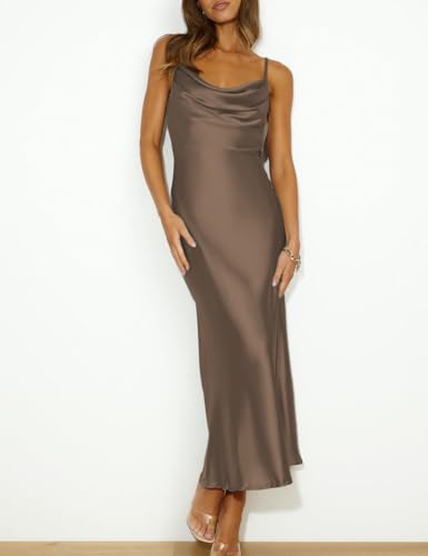 Image of Summer Satin Spaghetti Strap Cowl Neck Backless Midi Dresses for Women Elegant Tie Low Back Ruched Cocktail Dress