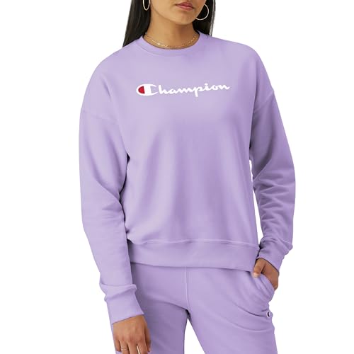 Champion, Powerblend, Fleece Crewneck, Warm Sweatshirt For Women (Plus, Lavish Lavender Script