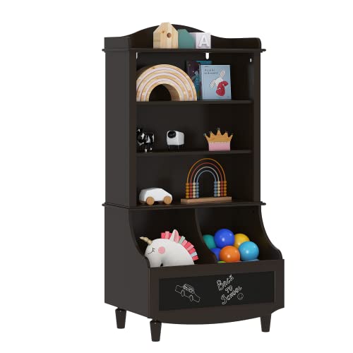 Image of UTEX Toy Storage, Kids Bookshelf and Toy Organizer Cabinet, Kids Bookcase with Blackboard and Cubbies, Open Bookshelves Display Stand for Toddlers, Espresso