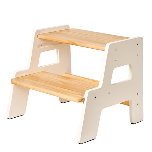 Image of Toddler Step Stool for Kids - Height Adjustable Non-Slip Wooden Step Stool for Bathroom Sink, Kitchen & Potty Training 2-Step - White