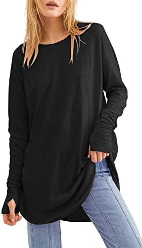 Dames T-shirt lange mouwen ronde hals lange mouwen effen basic bovenstuk split vrije tijd longshirt elegant casual losse pullover shirts blouse tuniek tops, blauw, XL