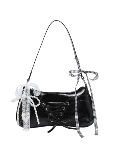 Image of Verdusa Women's Y2K Purse Coquette Bow Tie Vintage Shoulder Bags Lace PU Leather Kawaii Handbag