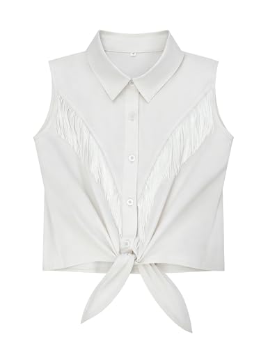 Image of Girls Fringe Shirt Sleeveless Button Down Western Cowgirl Tassel Trim Casual Blouse Shirt Top 4-13Y