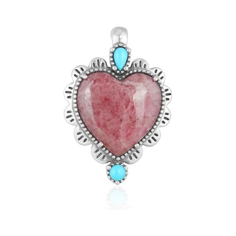American West Jewelry Sterling Silver with Rhodonite and Blue Turquoise Gemstone Concha Heart Design Women's Pendant Enhancer Cover