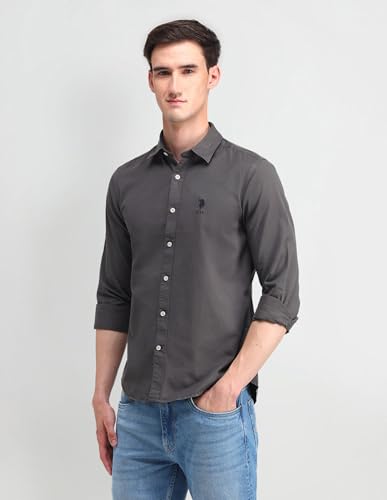 Image of U.S. Polo ASSN. Solid Slim Fit Shirts for Men - 100% Cotton, Full Sleeve Mens Casual Shirts