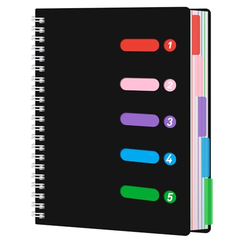 HAKACC Spirale Notizbuch, 21 x 28 cm Notizbuch Mit Register Trennwand Hardcover Spiralblock für Arbeit Schule Schreiben Schwarzes