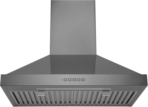 Image of Hauslane 30 inch Wall Mount Range Hood - Black Stainless Steel, Fingerprint-Resistant, 3-Speed Fan, LED Lighting, Dishwasher-Safe Baffle Filters, Ducted or Ductless Convertible, Easy Clean Design