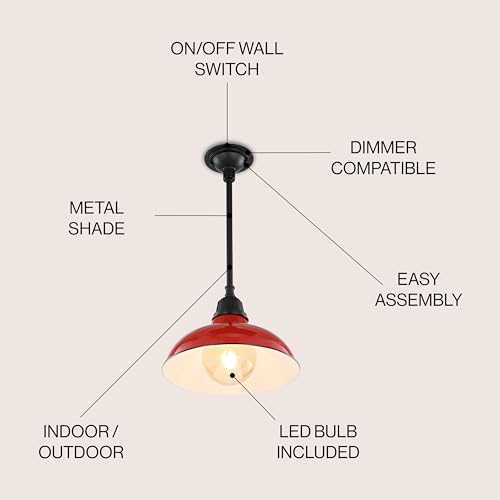 Image of JONATHAN Y Jasper 1-Light Farmhouse 12.25 inch Metal Pendant, Red /Black | Indoor Outdoor Use, Rustic Vintage Dome Shade, Adjustable Height, Kitchen Island Porch Entryway, LED Bulb Included