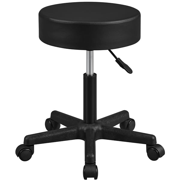 Yaheetech Taburete Giratorio sobre Ruedas, Taburete Rodante Regulable, 46-61.5 cm,Asiento Tapizado de Polipiel Sintético,para Hogar Oficina,Estudio,Tatuajes Salón,Masajes Centro,Belleza,Negro