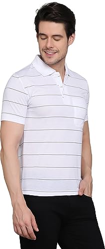 Image of INKKR Men's Striped Polo Neck Cotton Blend Multicolor T-Shirt