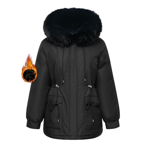 PUFFIT Faux Fur Winter Coats for Women,Ladies Winter Puffer Jacket with Fur Hood,Thickened Parka Coat with Waist Drawstring