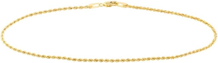 JewelryWeb 14k Solid Yellow Gold Hollow Rope Chain Ankle Bracelet 10 Inch Anklet for Women and Men in