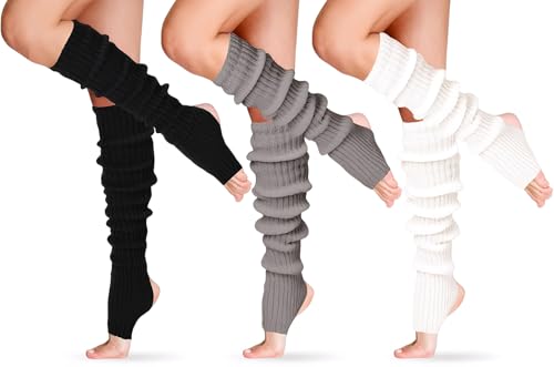 MOAZIFI 3 Paar Winter Stulpen Damen 40cm, Gestrickte Leg Warmers, Beinstulpen, Stulpen Für Damen, Beinwärmer, Legwarmers, Für Winter Frühling Und Herbst, Geschenke Für Frauen (Weiß/Schwarz/Grau)
