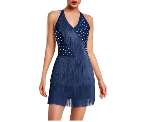 Women's Glitter Sequin Tiered Tassel Slim Fit V Neck Sleeveless Pull On Fringe Dance Dress