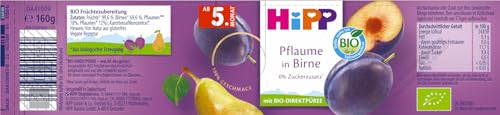 HiPP Bio Früchte Pflaume in Birne (6 x 160g), ab 5. Monat, ohne Zuckersatz, besonders intensiver Fruchtgeschmack, in bester Bio-Qualität.