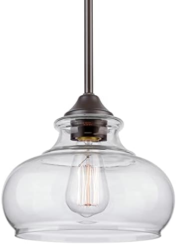 Kira Home Harlow 9" Modern Industrial Farmhouse Pendant Light with Clear Glass Shade, Adjustable Hanging Height, Oil Rubbed Bronze Finish