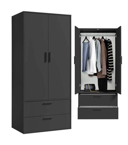 mokebo Kleiderschrank \'Der Kleiderheld\' (80x180x51 cm) mit 2 durchlaufenden Schubladen, Garderobenschrank, Flurschrank o. Schrank für Schlafzimmer oder Ankleidezimmer aus Holz in Schwarz