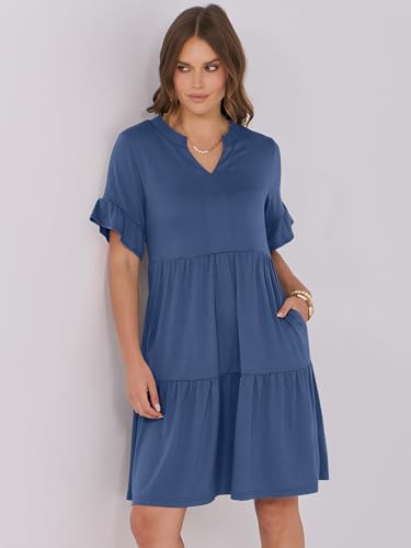 Image of ANRABESS Women's Summer Casual Dress, V-Neck Ruffle Sleeve Tiered Mini Dress, Soft Comfy Fabric with Pockets for All-Day Wear