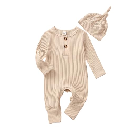 Image of Infant Boys Girls Clothes Set Newborn Baby Romper Hat Ribbed Knit Long Sleeve Button Solid Bodysuit Jumpsuit