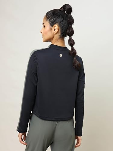 Image of TECHNOSPORT Womens Polyester Crew Neck Slim Fit Color Blocked Crop Sweatshirt Quick Dry & Antimicrobial