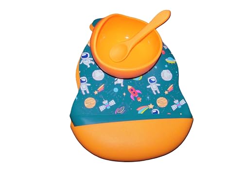 Blue Space Theme - Astronaut Pattern Bib set with Bowl & Spoon, Blue & Orange- 4 piece3