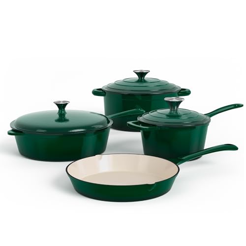 DishDelight Enameled Cast Iron Cookware Set, 7 Piece Set of Dutch Ovens, Sauce Pan, Skillet, 3 Lids, Ceramic Coated Cast Iron Dutch Oven Set, Round Dutch Oven Pot for Sourdough Bread Baking, Green