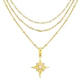 Cicy Bell Womens Four Point Star Layered Necklaces 18k Gold Plated Stackable Pendant Necklace Cubic Zirconia Long Necklace Sets Good Luck Trend Jewelry Gift