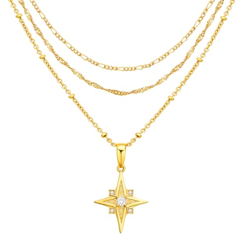 Cicy Bell Womens Four Point Star Layered Necklaces 18k Gold Plated Stackable Pendant Necklace Cubic Zirconia Long Necklace Sets Good Luck Trend Jewelry Gift