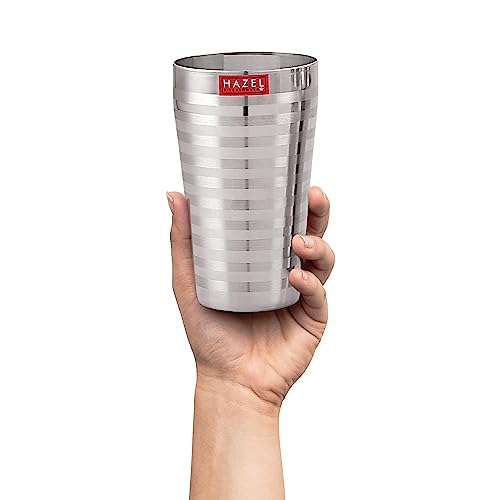 Hazel Stainless Steel Stripped Design Traditional Shape Jumbo Water Lassi Glass, 750 ML