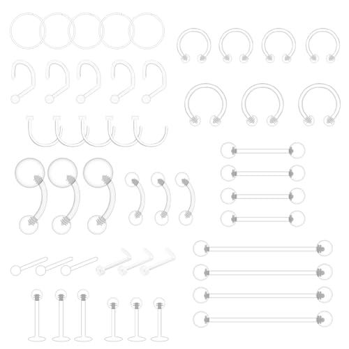 HANIUTTY 48PCS Bijoux de Piercing Transparent Invisibles, Ensemble de Bijoux de Perçage en Acrylique Bioflex pour Oreille, Nez, Tragus, Nombril, Anneau