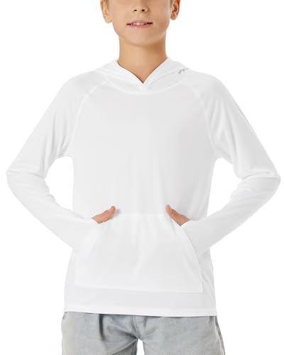 Image of Boys Rash Guard Long Sleeve Hoodie Swim Shirt with Pocket Youth Kids UPF 50+ Sun Protection Fishing Shirts Thumb Hole