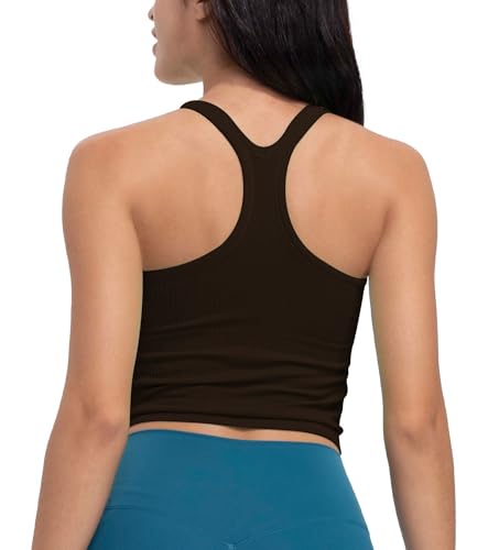 Seamless Ribbed Workout Racerback Tank Tops with Built in Bra for Women