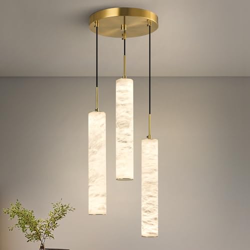 Image of LMQNINE Natural Alabaster Pendant Lights for Kitchen Island White Marble Long Tube Chandelier 4000K Modern Black Ceiling Light Fixtures for Bedroom Dining Room Table Living Room Hallway(M-3Light)