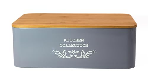 CASA HEAVEN Panera de metal con tapa de bambú – Diseño vintage – Panera de cocina 35 x 23 x 12,5 cm – Caja para pan elegante y ahorra espacio