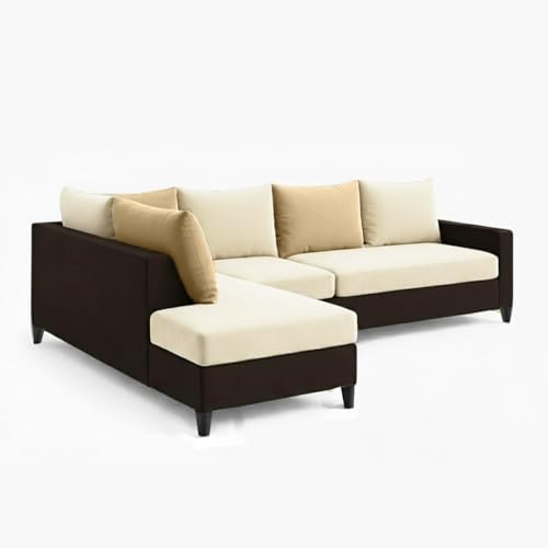 Image of FURNY Glory 6 Seater LHS Fabric Sofa Set (Dark Brown-Cream-Beige) with Velvet Finish | Durable Comfort | Ideal for Living Room | Breathable material