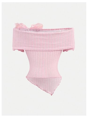 SHENHE Girl's Off Shoulder Bow Shirt Ribbed Knit Short Sleeve Asymmetrical Fitted Tee Top2