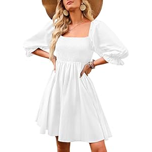 ANRABESS Womens 3/4 Puff Sleeve Square Neck Smocked Babydoll Dress Cute A Line Flowy Short Mini Dress