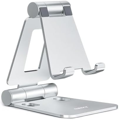 Nulaxy Aluminium Faltbarer Verstellbar Handy Ständer Tisch, Silber | Höhenverstellbar, Tragbar, Rutschfester Standfuß, kompatibel mit Smartphones bis zu 18 mm dicker Hülle, Nintend
