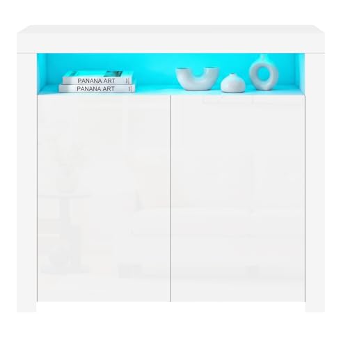 Panana 2 Door Modern LED Sideboard Matt Body and High Gloss Fronts, Cabinet Cupboard Unit with Multicolor LED Light, 107 cm *35 cm *97 cm (White)