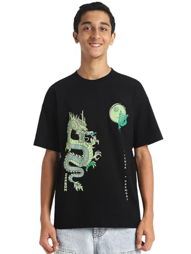 Veirdo® 100% Pure Cotton Oversized Loose Fit Drop Shoulder with Cool & Cozy Front Chest Graphic/Typographic Printed Round Neck Half Sleeve T-Shirt for Boys & Teens (Age Range: 11 to 15 Years)