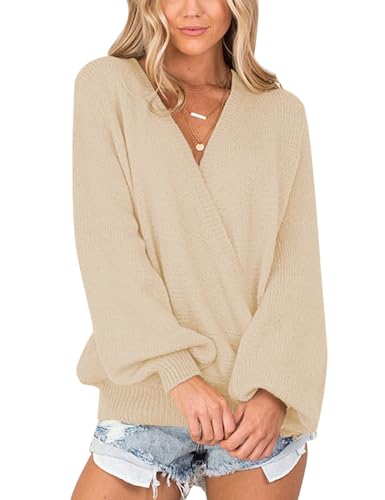 Image of LookbookStore Women's Knit Long Sleeve Faux Wrap Surplice V Neck Sweater Top