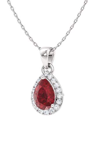 Diamondere Natural And Certified Pear Ruby And Diamond Halo Drop Petite Necklace In Sterling Silver | 0.33 Carat Pendant With Chain #TOP1