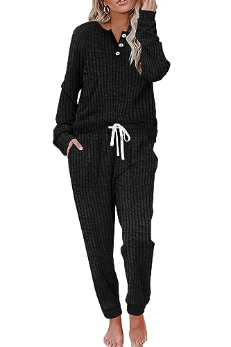 WIHOLL 2 Piece Outfits for Women Lounge Pajamas Sets Long Sleeve Soft Tops Tracksuit Black L
