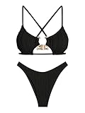 ZAFUL Women's Cutout Bikini Criss Cross Textured Metal High Leg Bikini Sets Cheeky Swimswear Two Piece Swimsuit Black