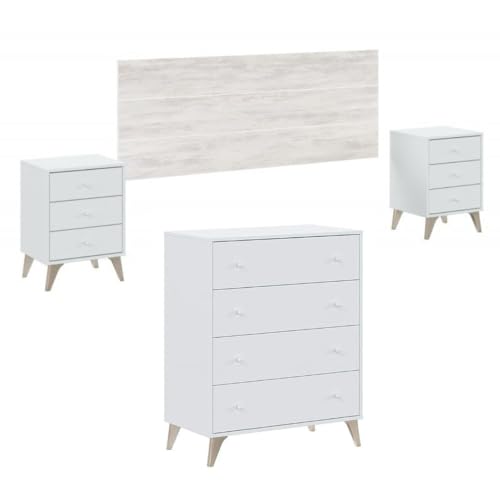 Mobelcenter, Conjunto Dormitorio Matrimonio Sweet, Color Blanco Artik y Blanco Velho, Cabezal para Camas de 135 y 150 cm, 2 Mesitas de 3 cajones y Cómoda de 4 cajones (P0029)