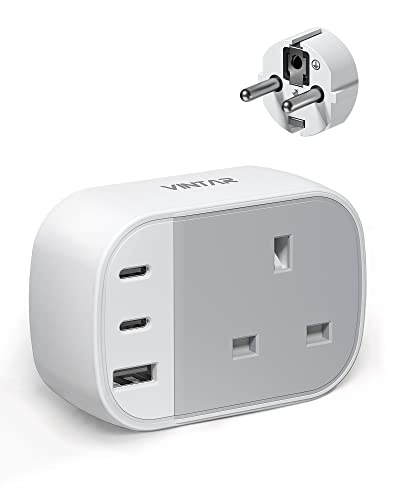 UK to European Plug Adapter, VINTAR Grounded Europe Travel Adapter with 2 USB C 1 USB A Ports