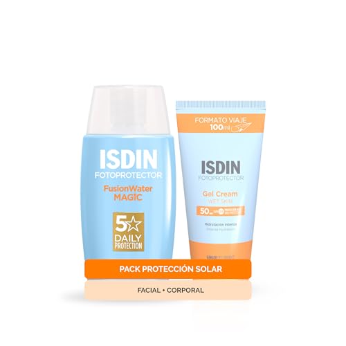 ISDIN PACK Protector Solar Facial + Corporal - Fusion Water Magic SPF 50 y Gel Cream SPF 50, 100ml, especial para Viaje